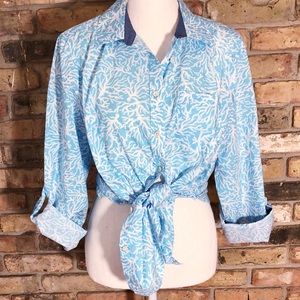 Blue Talbots Blouse Coral Print